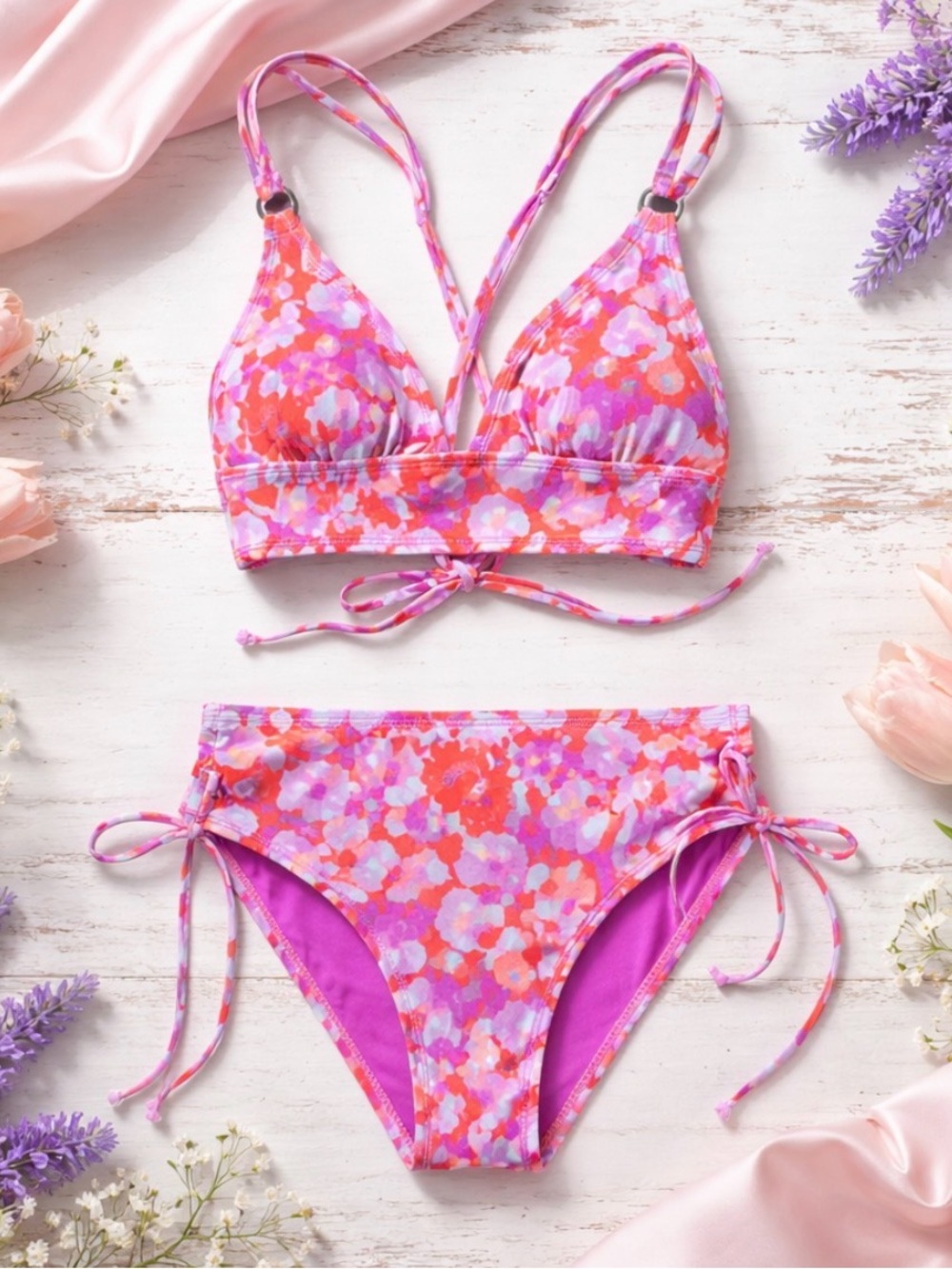 Floral Bikini Set | Strappy Top Size M + High-Waist Tie Bottom Size S | Multi